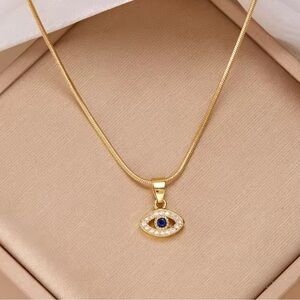 18K Gold Bohemian Evil Eye Sapphire Diamond Minimalist Pendant Necklace